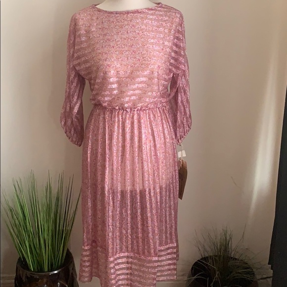 Vintage Dresses & Skirts - VINTAGE 70s New Pink Floral Sheer Stripe Dress